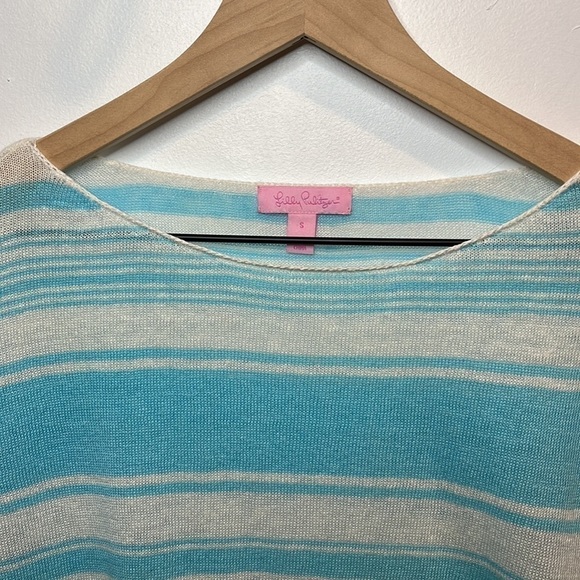Lilly Pulitzer 100% Linen Alana Sweater in Coconut Row Stripes Aqua Blue Small - Picture 3 of 9
